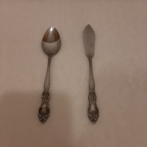 Lustre Ware Korea 1 Dinner Fork 1 Dinner Knife Flatware Scroll Floral READ DISC. - Picture 1 of 13